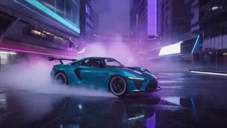 a teal sports car drifting in a neon-lit cyberpunk city at night