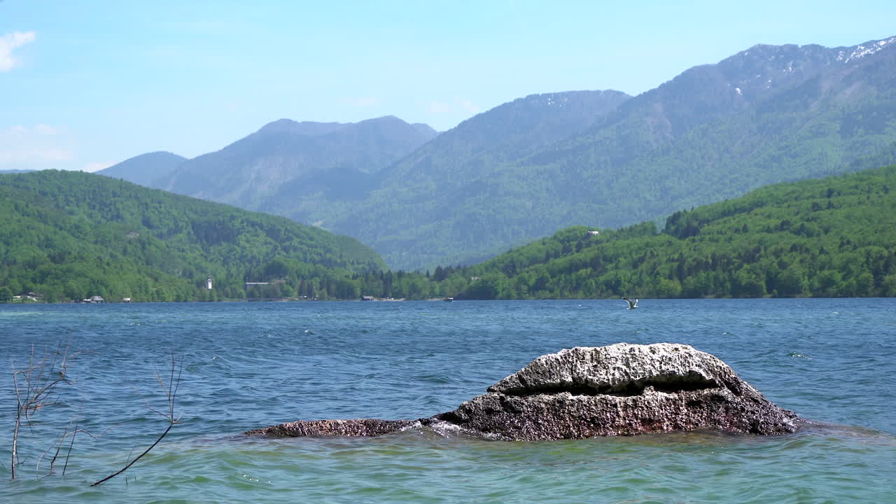 아름다운 산맥을 배경으로 보히니 호수의 바위에서 평화롭게 튀는 물