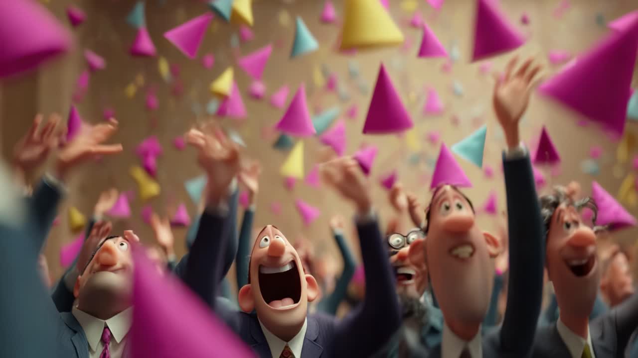 Joyful Celebration Among Animated Characters with Colorful Triangular Confetti in the Air, Expressing Happiness and Excitement in a Dynamic Party Atmosphere