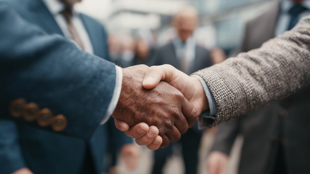 A Moment of Agreement: Two Professionals Sealing a Deal with a Handshake in a Business Setting, Signifying Trust and Collaboration Among Peers