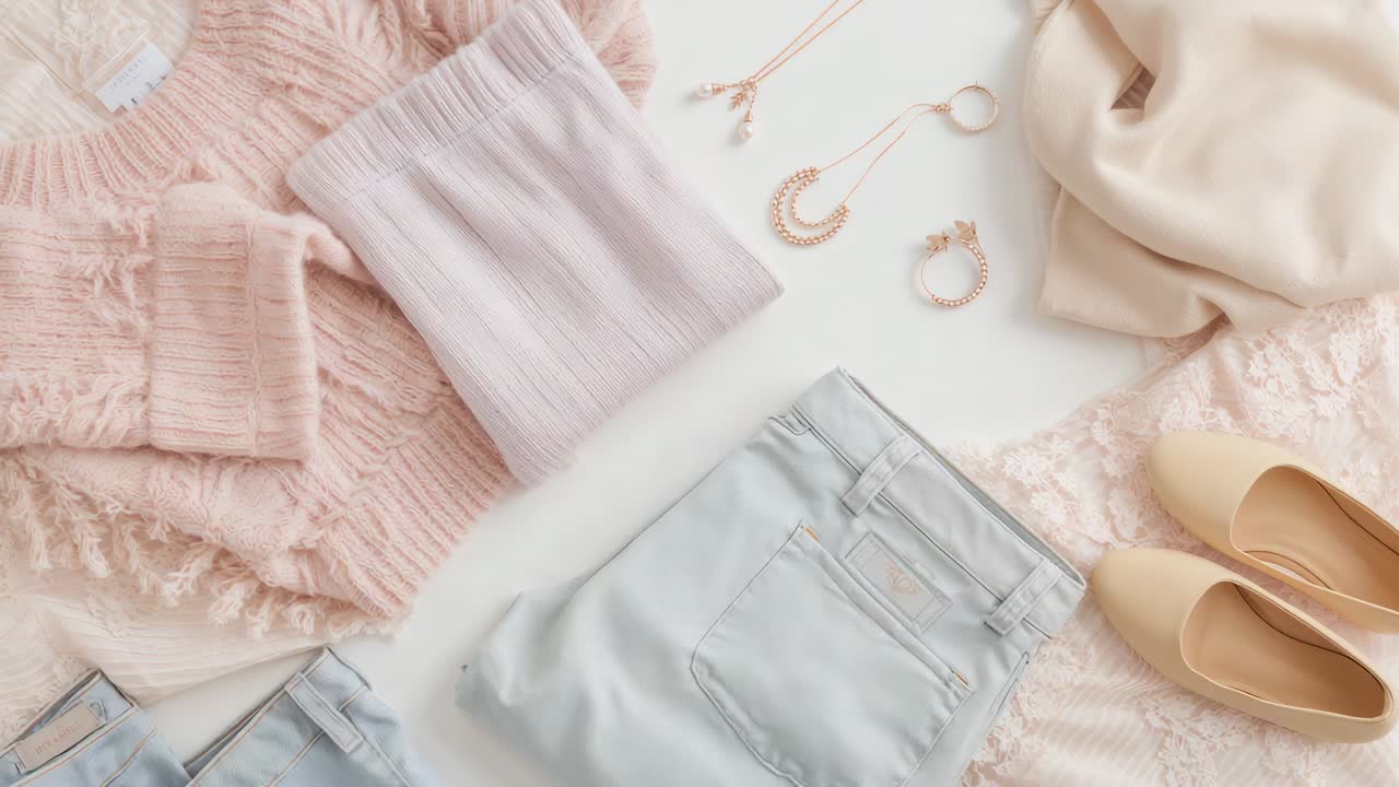 Flatlay weergeven na een subtiele verschuiving in de Image Cropper, blijvend op een lichte tafel, met een sweater en sieraden