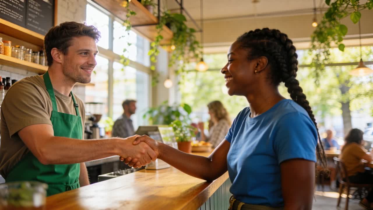 Reaching, green-apron barista shaking hands with blue-tee customer at counter, picking up drinks