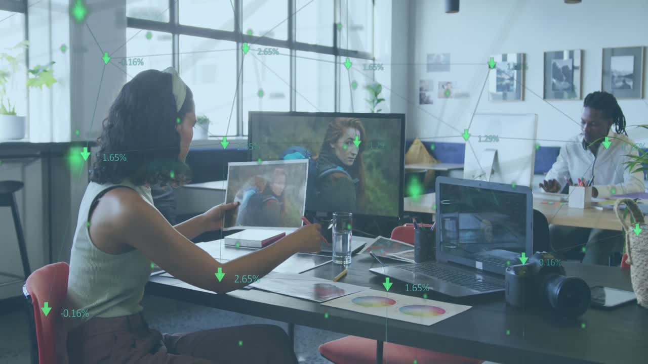 Animation of data processing over diverse business people in office
