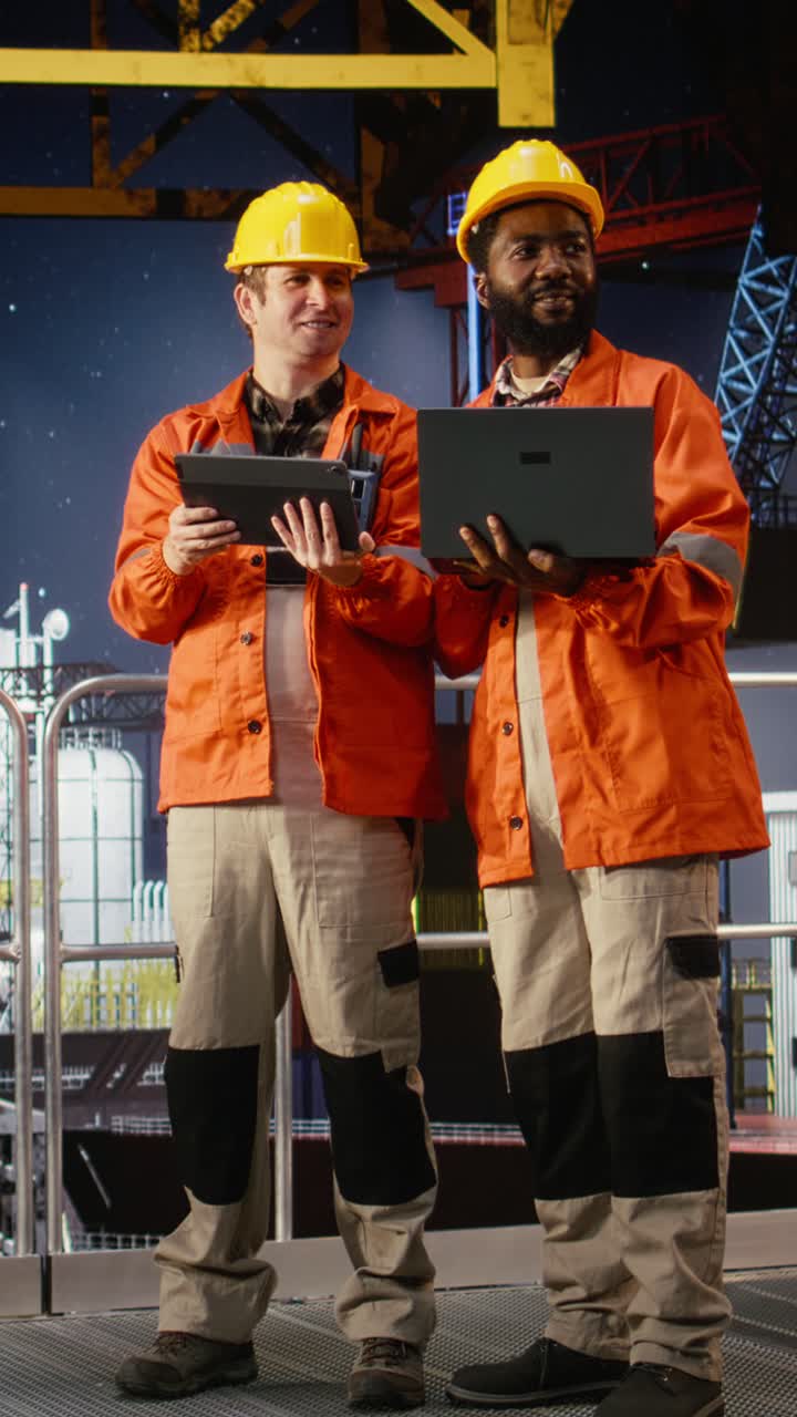 Vertical Video Portrait of engineers work on offshore oil rig platform late at night