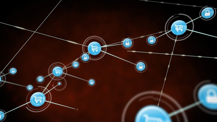 Animation of network of digital icons against red background