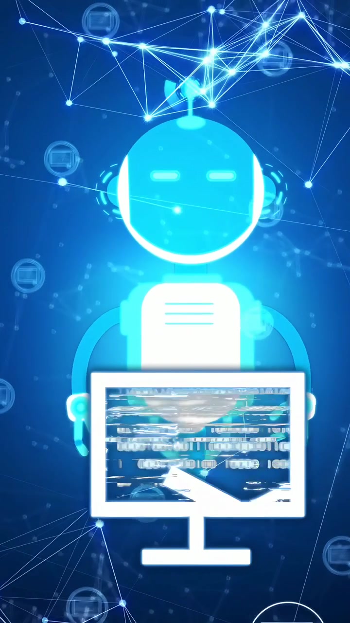 Pystysuuntainen video: Putoava posti, syaanin värinen botti näyttää ruutua, kallo kiipeää kaapelia pitkin, kilpi suojaa robottia.