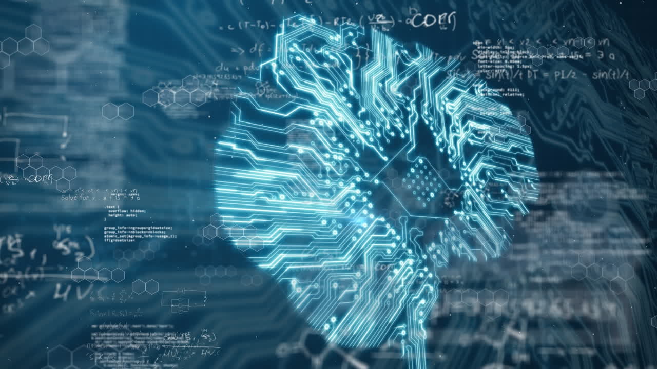 3D human brain of circuit board with data processing in background