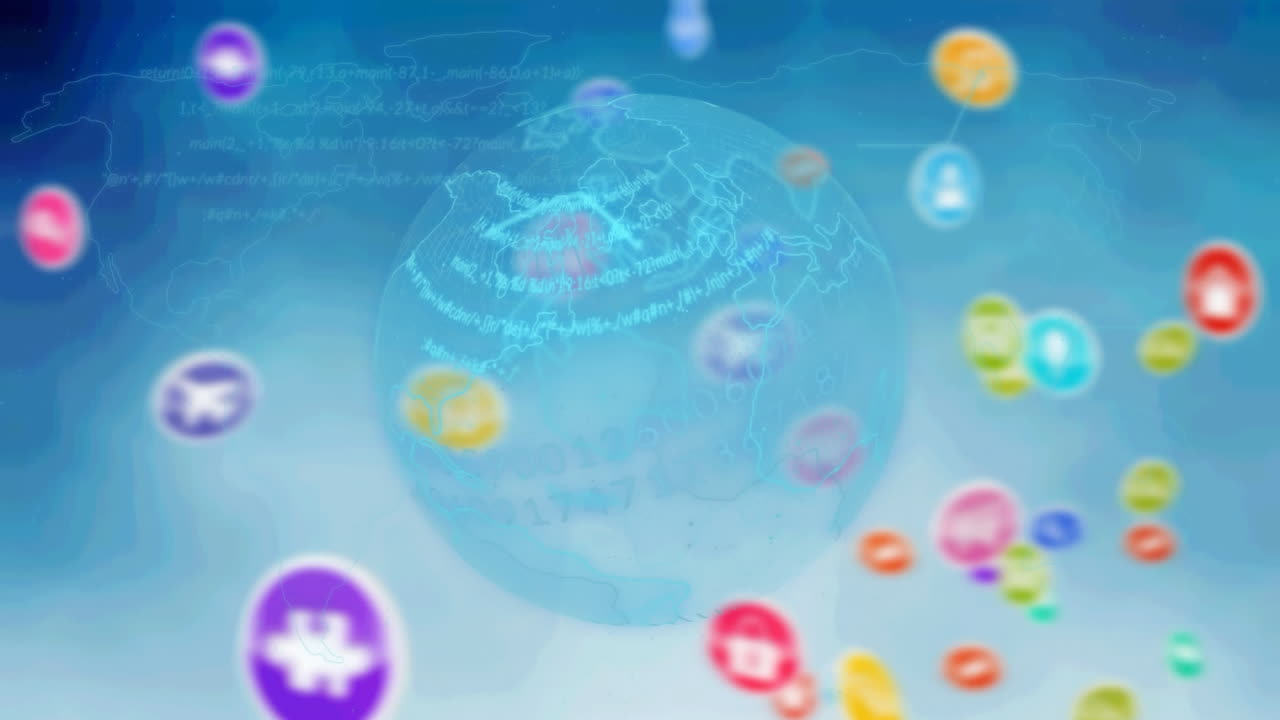 회전하는 지구상에서 소셜 미디어 아이콘의 애니메이션