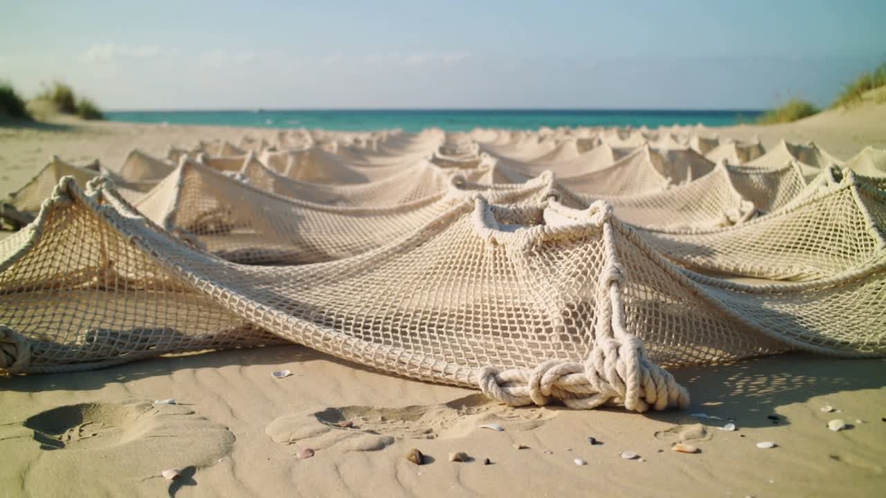 Telecamera che si sposta all'indietro e verso l'alto per rivelare reti da pesca intrecciate sulla spiaggia, mostrando cime annodate.