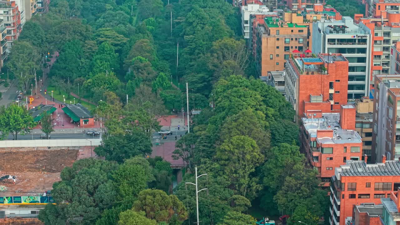 Isolated 70mm aerial view of El Virrey park in the exclusive neighborhood of El Chico in Bogota, Colombia.