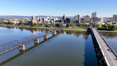 aerial push into harrisburg pennsylvania over the susquehanna river, the state capital