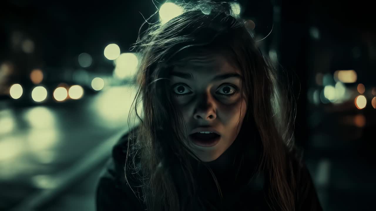 Woman Walking Down a Night Street in Fear