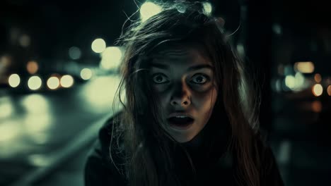 woman walking down a night street in fear