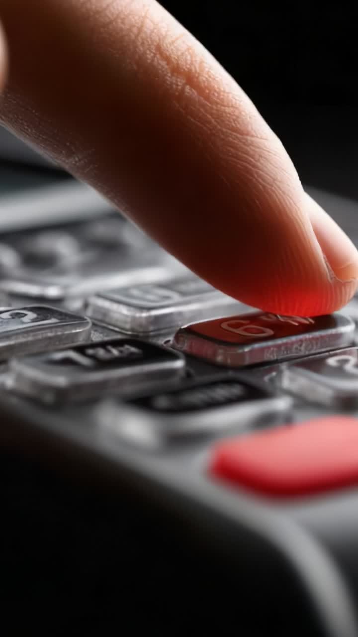 Close-Up of a Finger Pressing a Key on a Calculator, Highlighting the Technology and the Human Interaction with Digital Devices in a Dark Setting