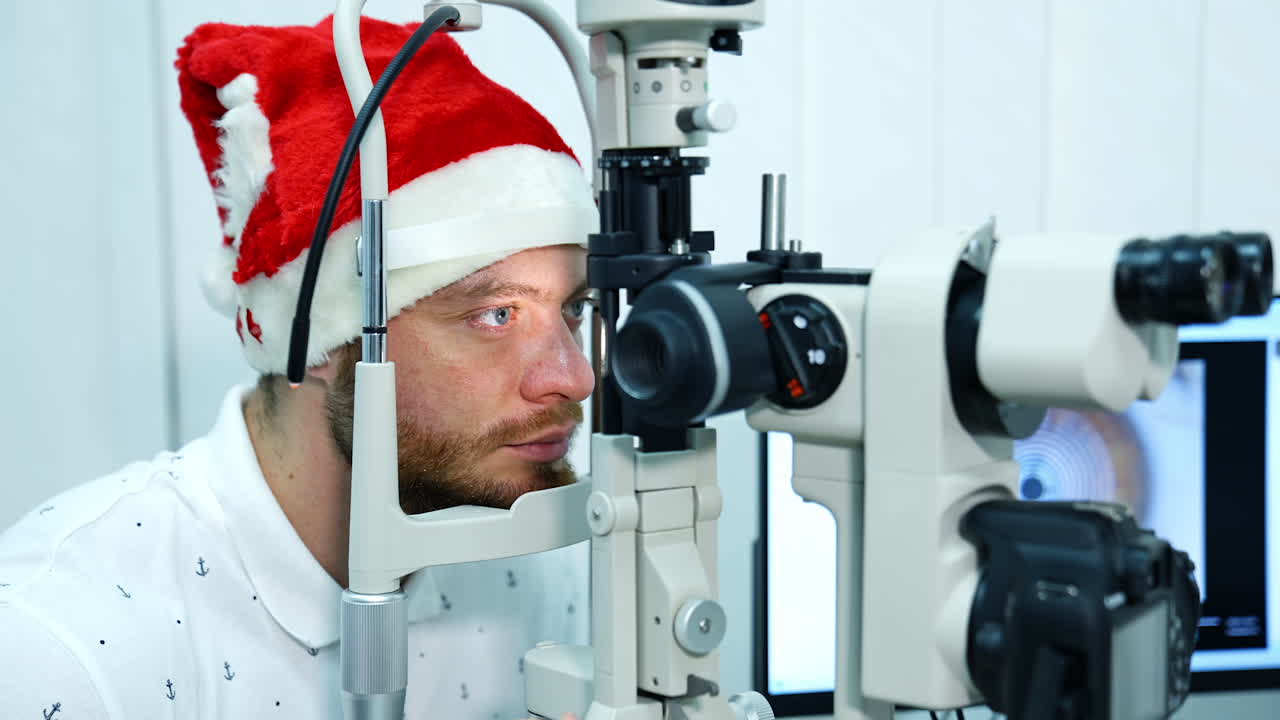 Ophthalmologist checks eyesight of young man with modern equipment. Doctor is checking eyes with biomicroscope device. Doctor examining eye structure with help of medical equipment.