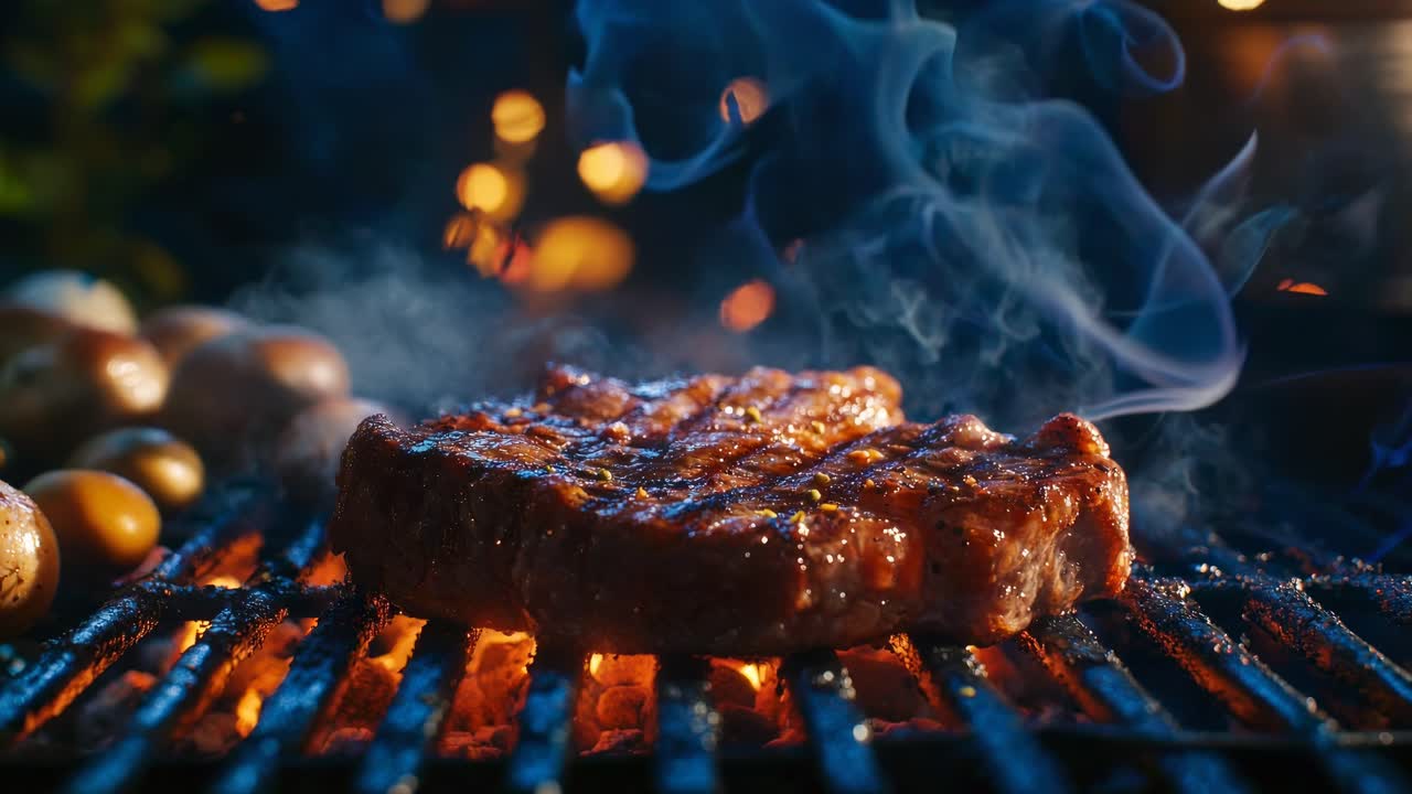 Close-up video of a sizzling steak on a grill, with flames and smoke rising, creating a dramatic