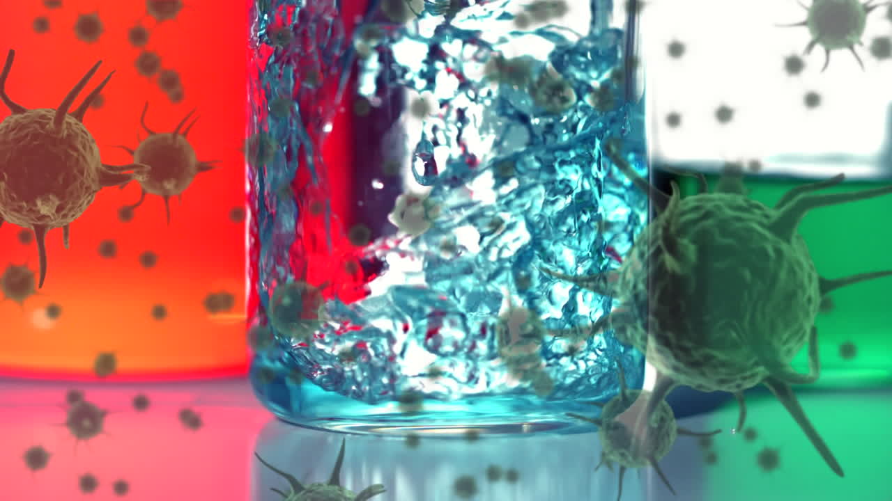 코로나바이러스 세포가  ⁇ 색 배경에 액체로 컵으로 퍼지는 애니메이션.