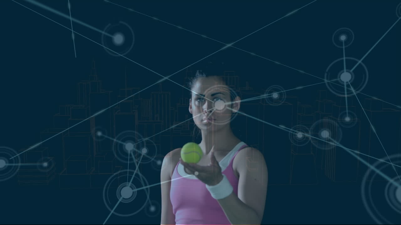 animación de la red de conexiones sobre la tenista caucásica en la cancha