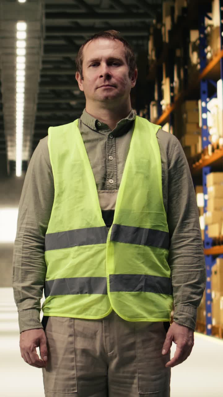 Video vertical: Retrato de un profesional organizando estanterías de almacenamiento en un centro logístico.