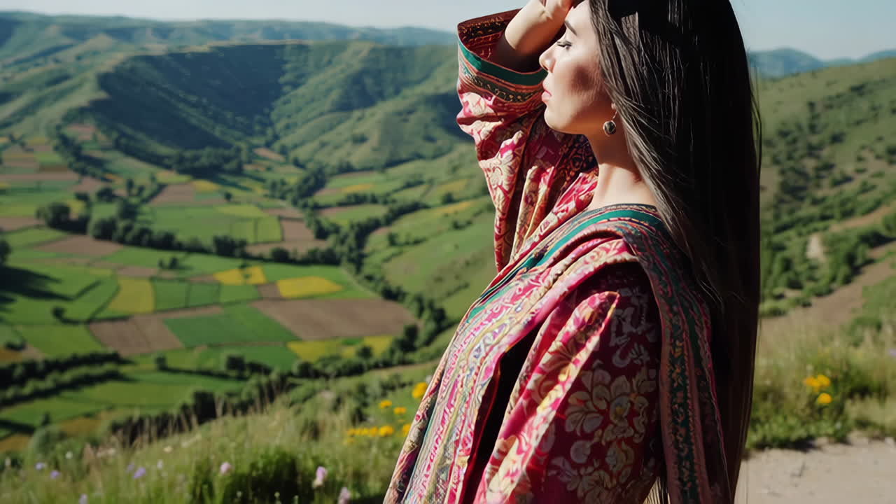 Donna in abito tradizionale, vista panoramica sulla valle