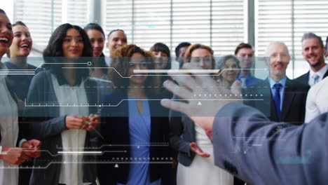 animation of happy diverse male and female business colleagues clapping hands in office