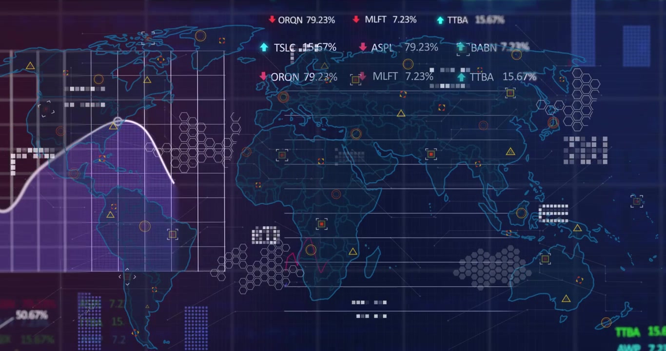 Animation of data processing over media icons on black background