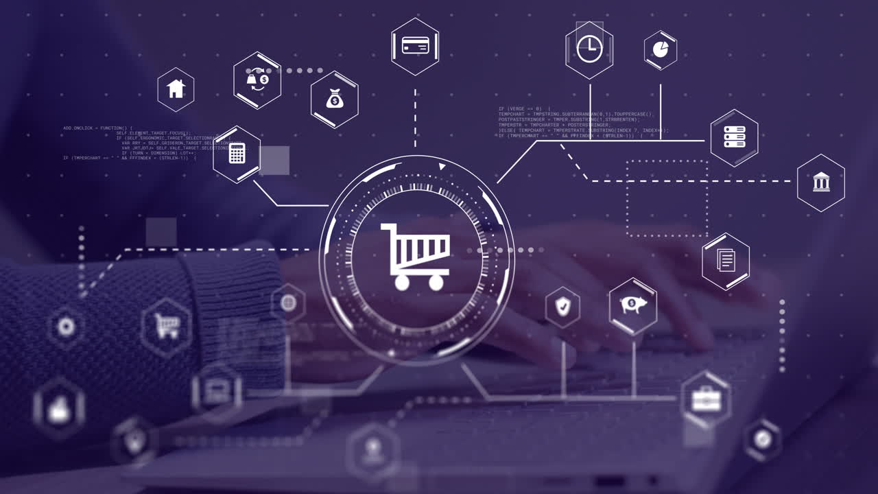 노트북을 사용하는 두 인종 사업가에 대한 비즈니스 아이콘과의 연결의 애니메이션