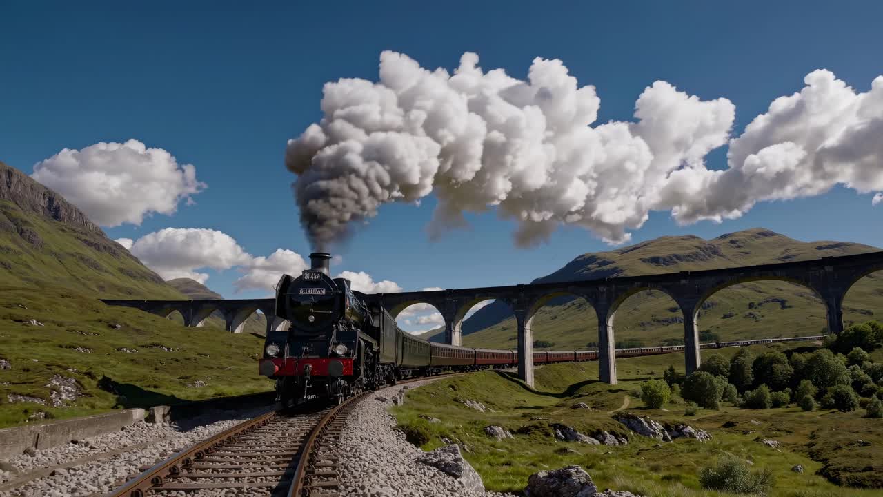 A scenic video shot from a low angle captures a steam train crossing a viaduct, set