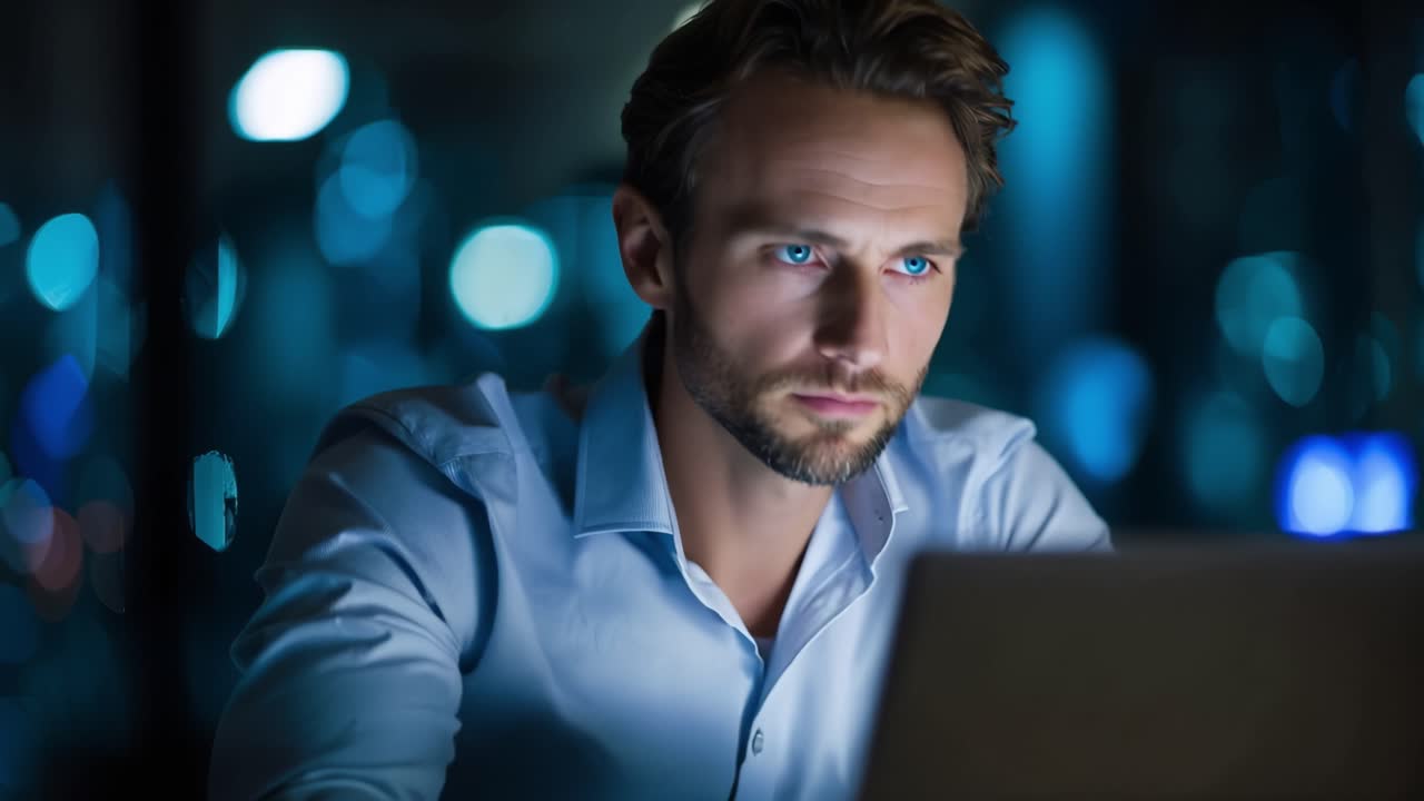 Persona concentrata che lavora a tarda notte al computer portatile, illuminata da luci blu soffuse, in profonda concentrazione con un'espressione pensierosa