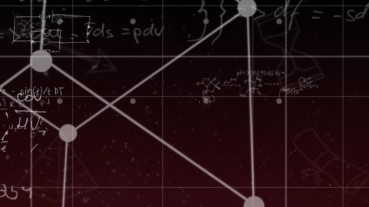 Animation of white shapes over mathematical equations on black background