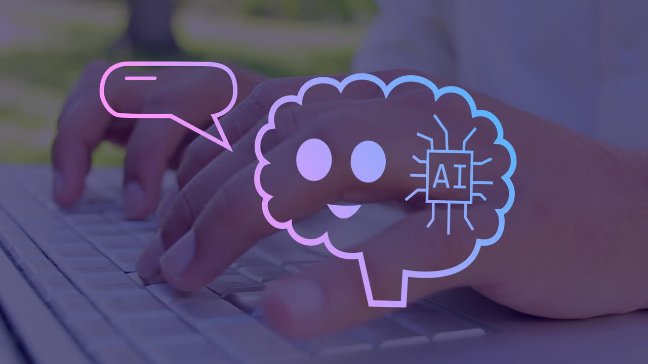 animación de ai texto, iconos y procesamiento de datos sobre hombre caucásico usando portátil