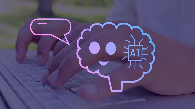 Animazione di testo AI, icone ed elaborazione dati su un uomo caucasico che usa un laptop