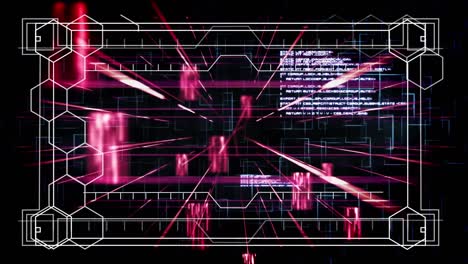 animation of white frame with markers and hexagons over data processing