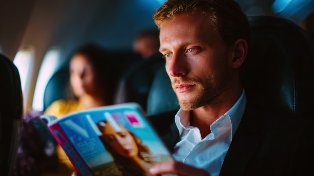 A Thoughtful Man Reading a Fashion Magazine on an Airplane, Captured in a Moment of Reflection and Leisure While Surrounded by Fellow Passengers in an Airborne Setting