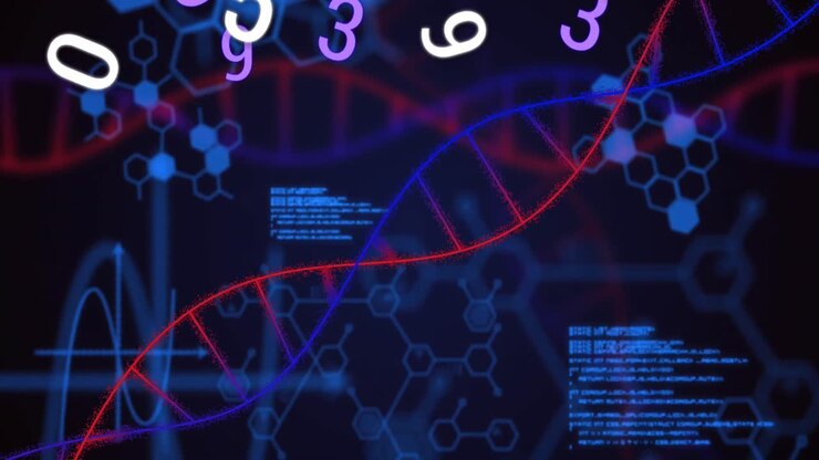 Animation of multiple changing numbers over medical data processing against blue background