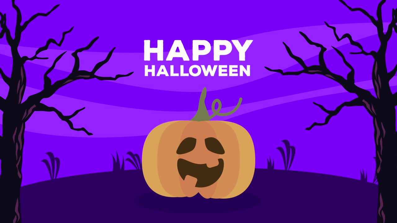 feliz animación de letras de halloween con calabaza en el cementerio