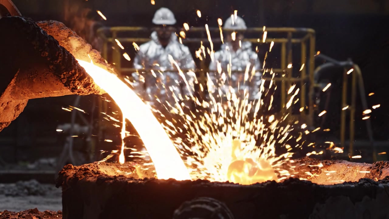 Workers in Protective Gear Observe the Pouring of Molten Metal in an Industrial Foundry Setting, Emphasizing the Precision and Expertise of Metal Casting Processes