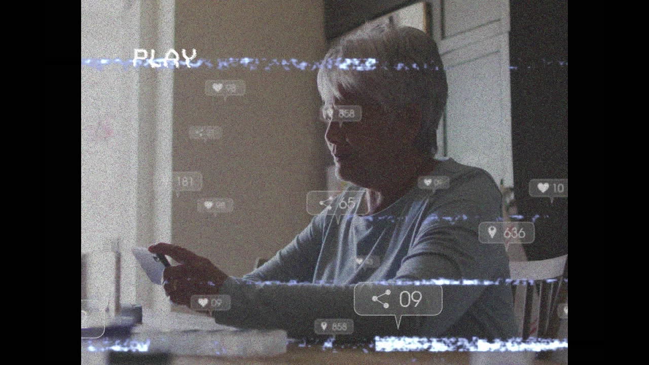 Vhs glitch effect over multiple social media icons floating against senior woman using smartphone