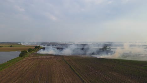 ascending aerial footage showing a pond on the left and a farmland burning, grassland burning, pak pli, nakhon nayok, thailand