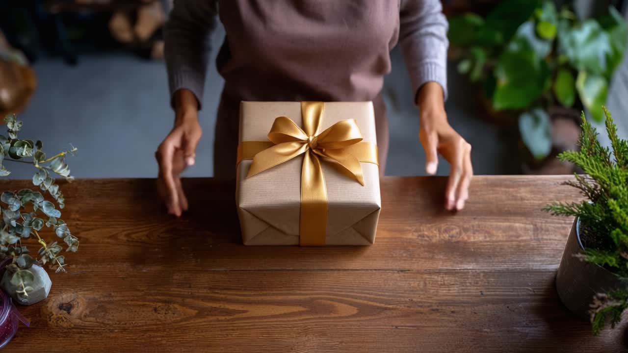 Una scatola regalo splendidamente incartata con un nastro dorato attende, riflettendo la gioia del donare e della celebrazione, posizionata su un tavolo di legno circondato da verde e decorazioni.