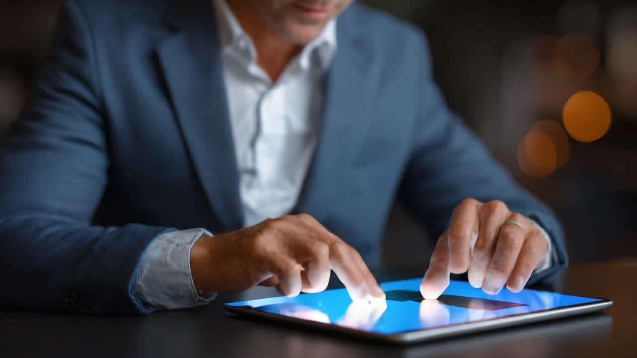 Uomo d'affari concentrato che analizza dati finanziari su un tablet, mostrando tendenze digitali e approfondimenti di mercato in un ambiente professionale.