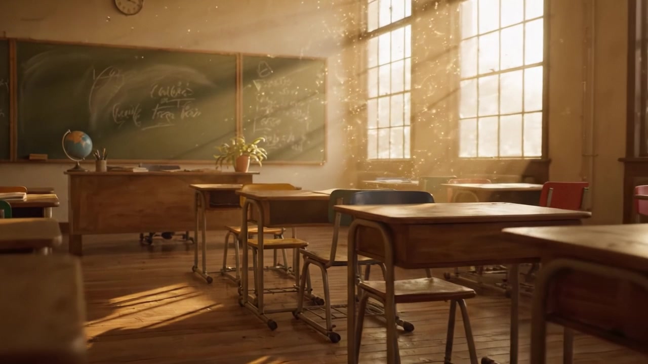 Sunlit Classroom: A Captivating Glimpse into a Warm and Inviting Learning Environment with Dust Particles Dancing in the Beams of Light