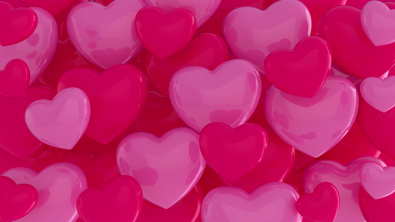 Pink and red hearts, symbol of love. A lot of pink and red hearts fly chaotically. Hearts background. Love, passion, Valentine Day. 3d animation loop of 4K