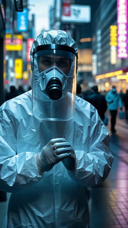 medical professional in protective gear stands in busy urban setting