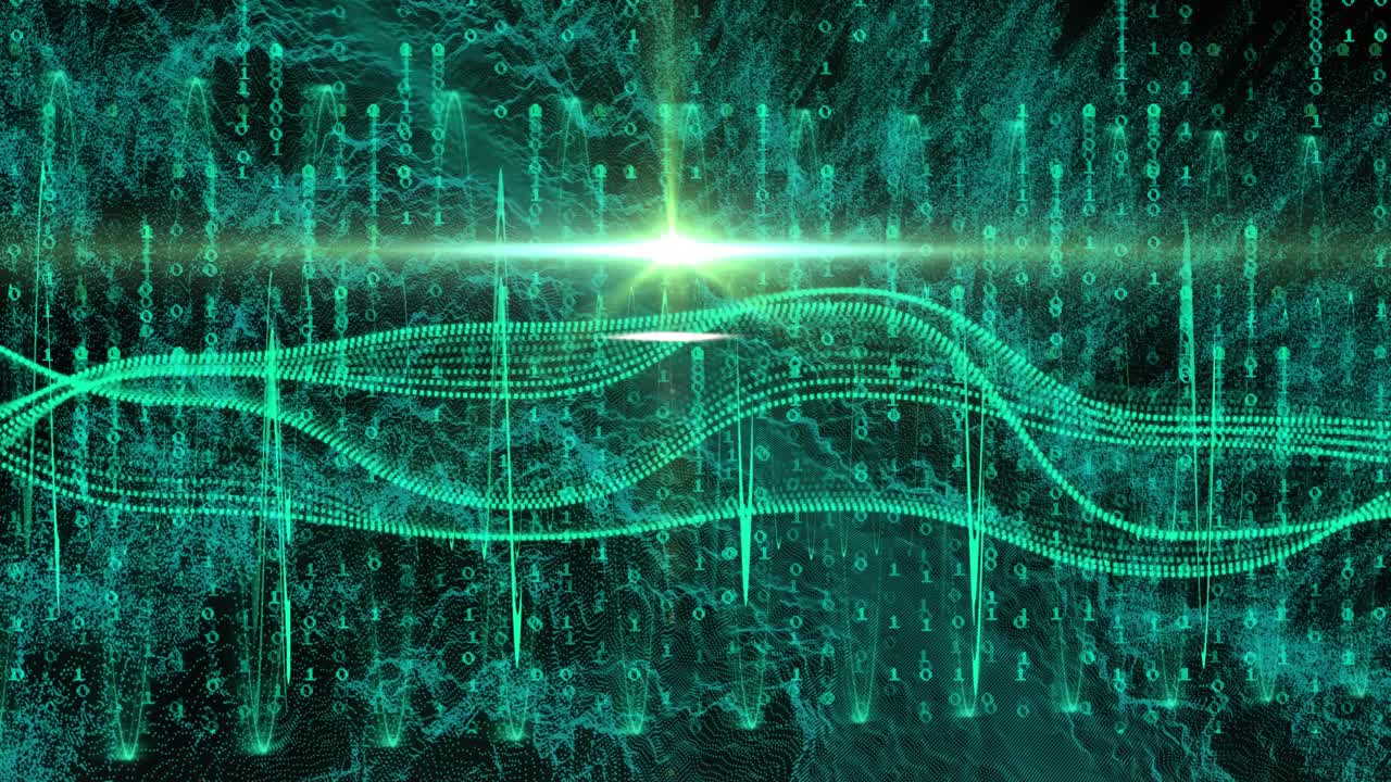 Animation of data processing over dark background