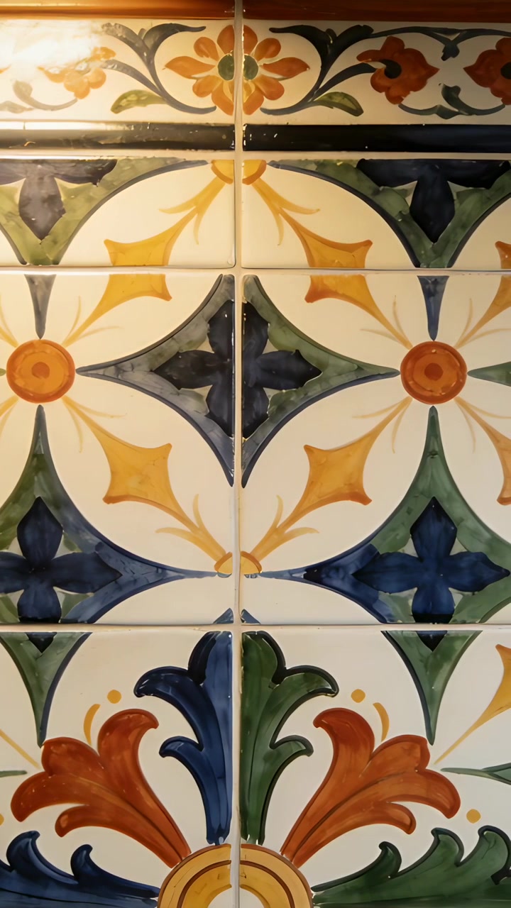 Video verticale: Telecamera che si inclina rivelando piastrelle di ceramica smaltate sulla parete della cucina, centrando la fuga.