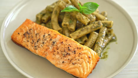 pesto-quadrotto-penne-pasta-with-grilled-salmon-fillet-steak