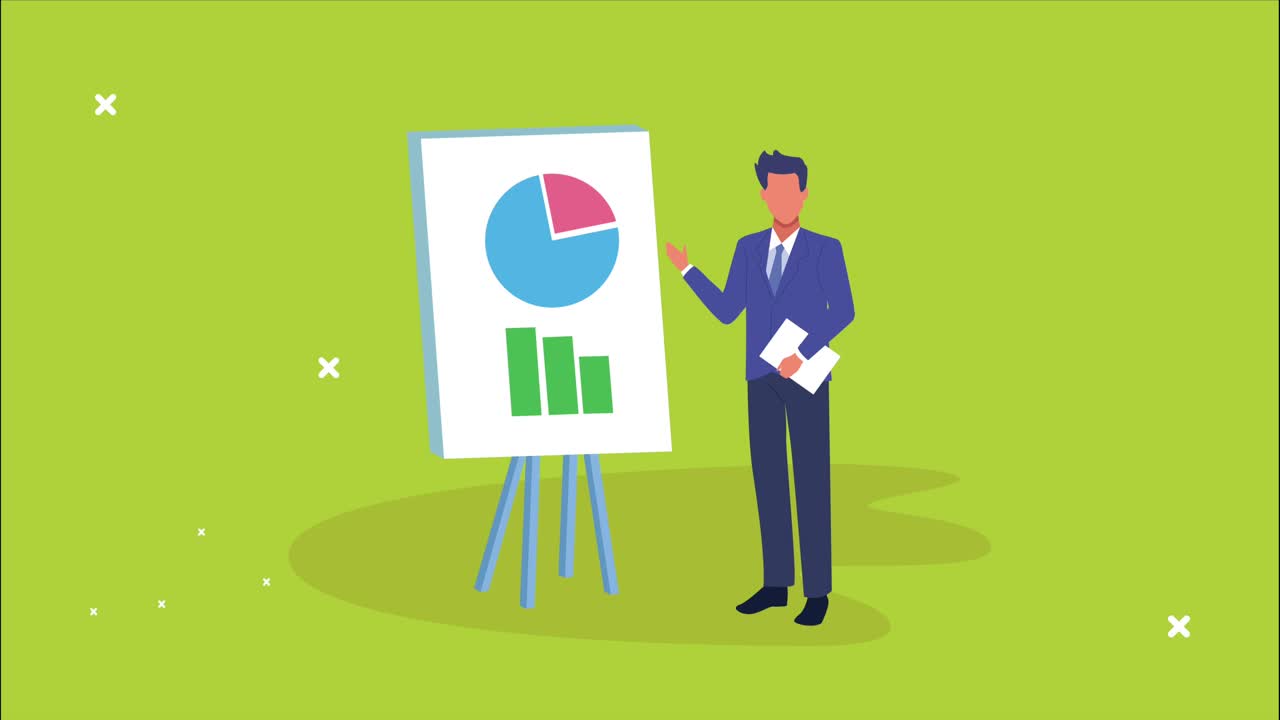businessman with statistics in paperboard animation