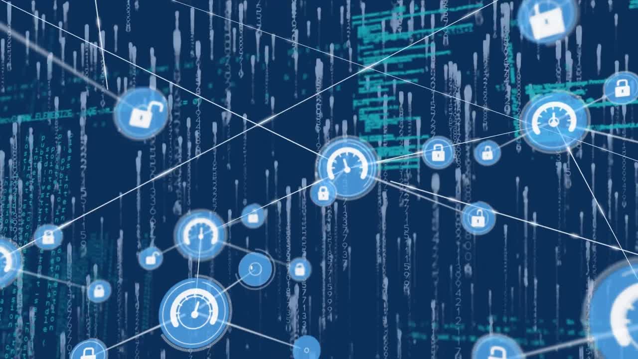 Animation of network of connections with icons over circuit board and data processing