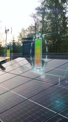 colectores de luz solar con iconos de batería de carga en el techo de la casa de energía solar